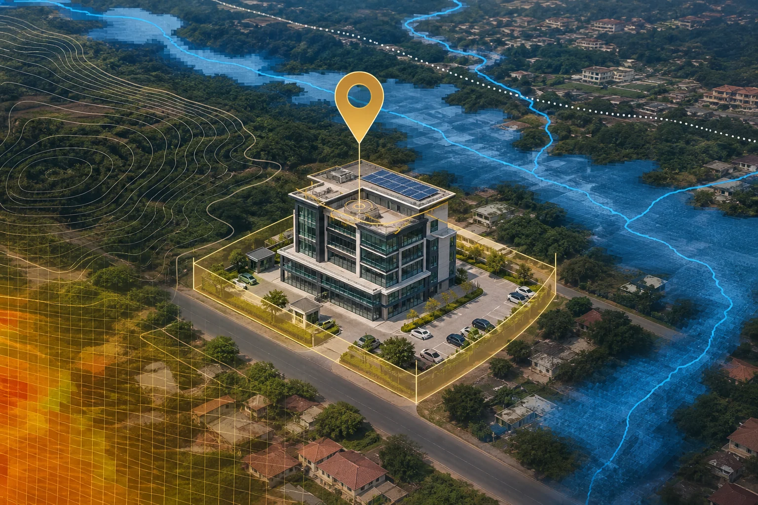 A property on dry land analysed with flood, drainage, terrain and heat data layers