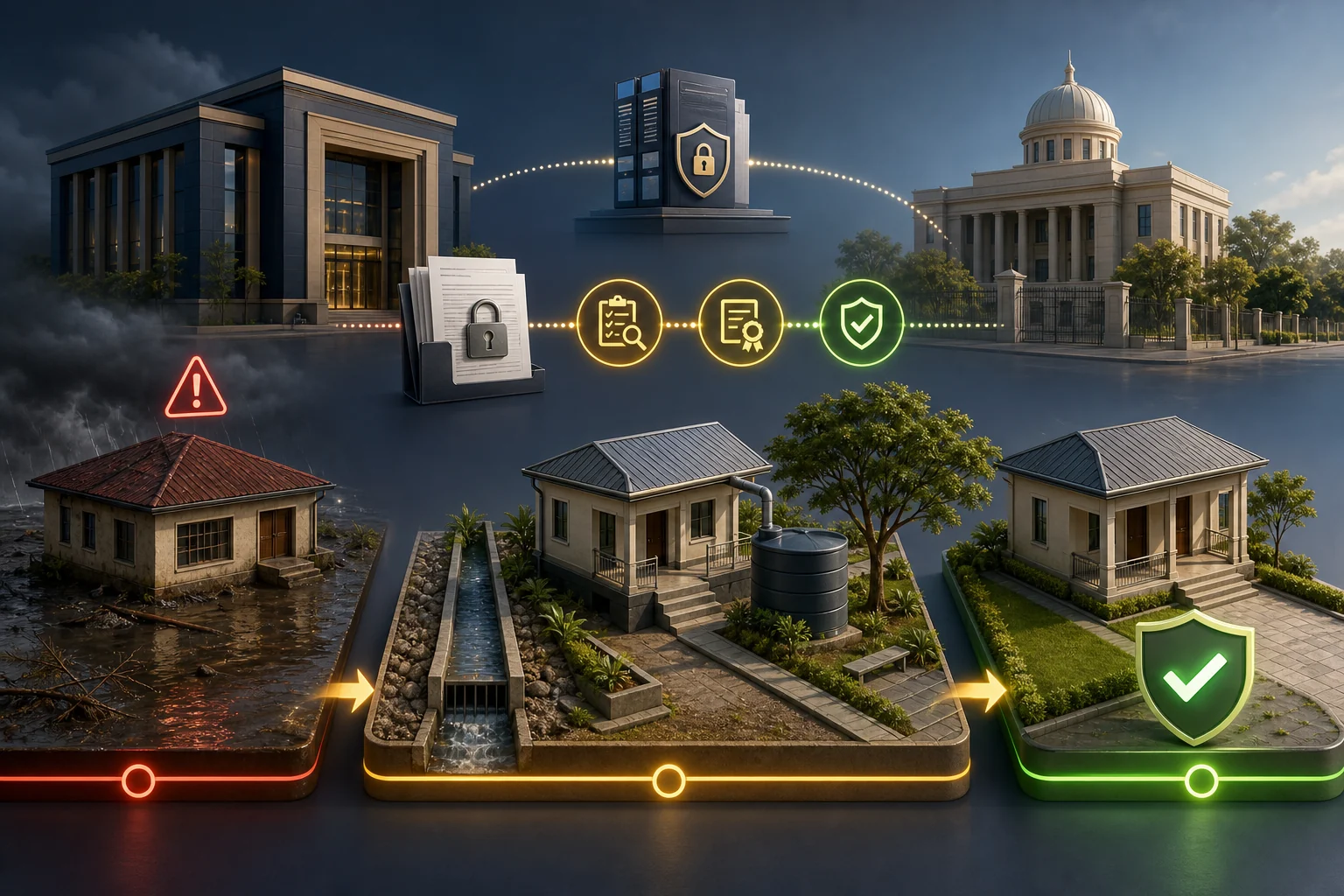 A risk-flagged property progressing through adaptation, evidence review and recognised risk improvement
